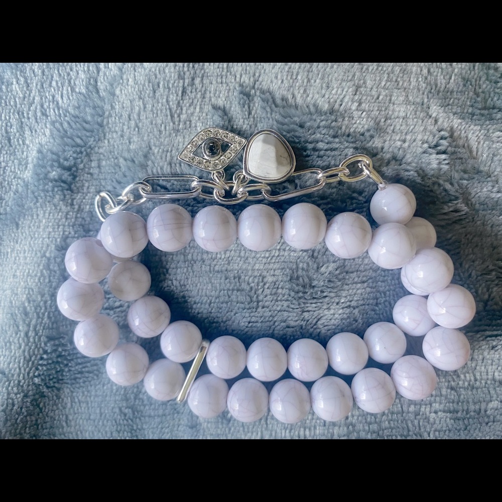 🇨🇦Natural Crystal Howlite Stone Rhinestone Evil Eye Bracelet White Stretch New